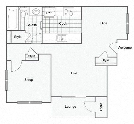 Floor plan for 1 bed, 1 bath, 718 sqft